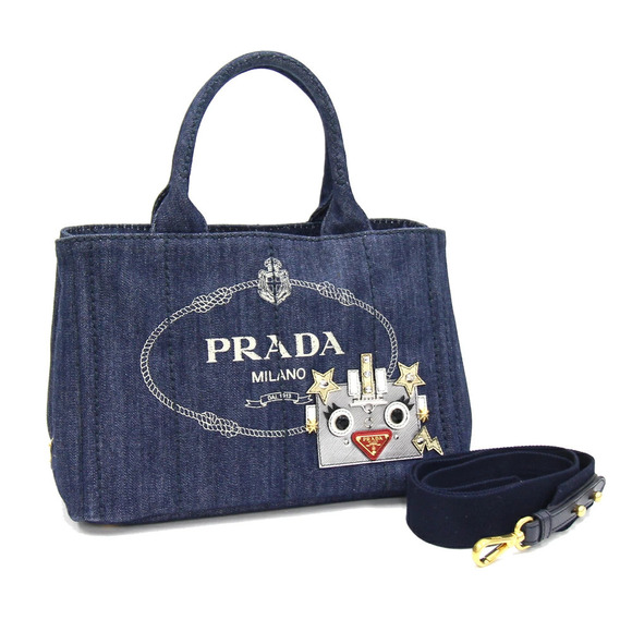 Prada Canapa Robot Tote embroidered robot applique navy denim Blue